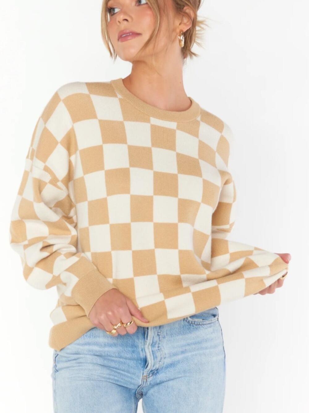 Show Me Your Mumu Scout Sweater Tan Cream Checked Oversized Size Small